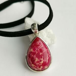 New, pink plum Imperial Jasper Sterling Silver pendant necklace